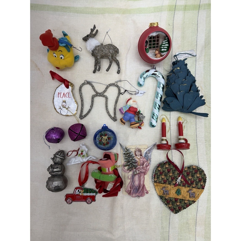 Mixed Christmas Ornament Lot 19 Pc Disney Santa Reindeer Handmade Holiday Decor